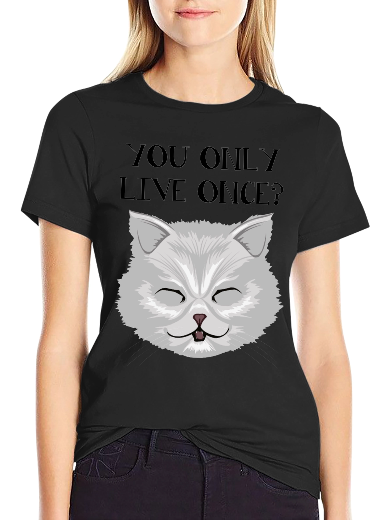 YOLO Cat Graphic Tee - Unisex Black Cotton T-Shirt