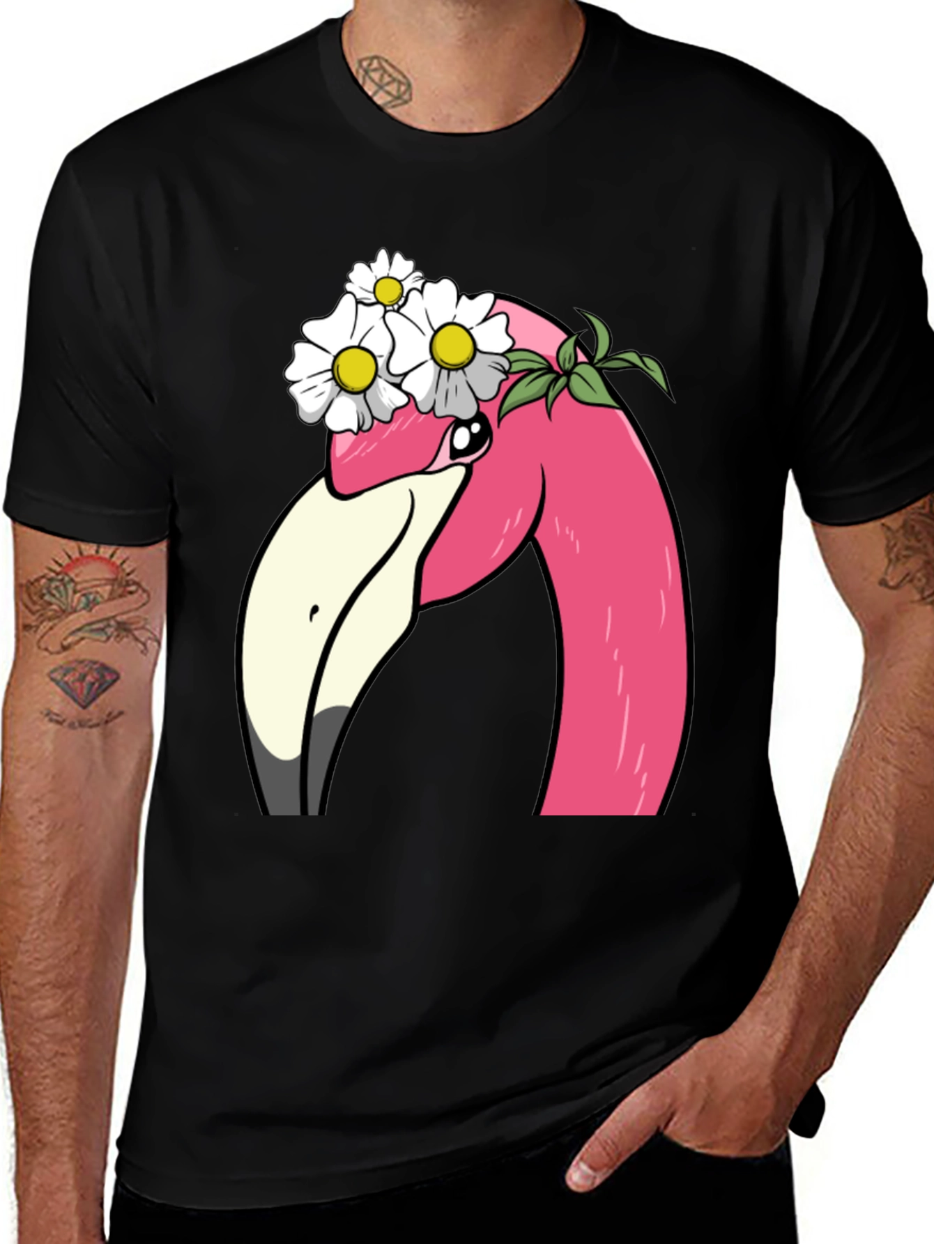 Flamingo Flower Crown T-Shirt - Black