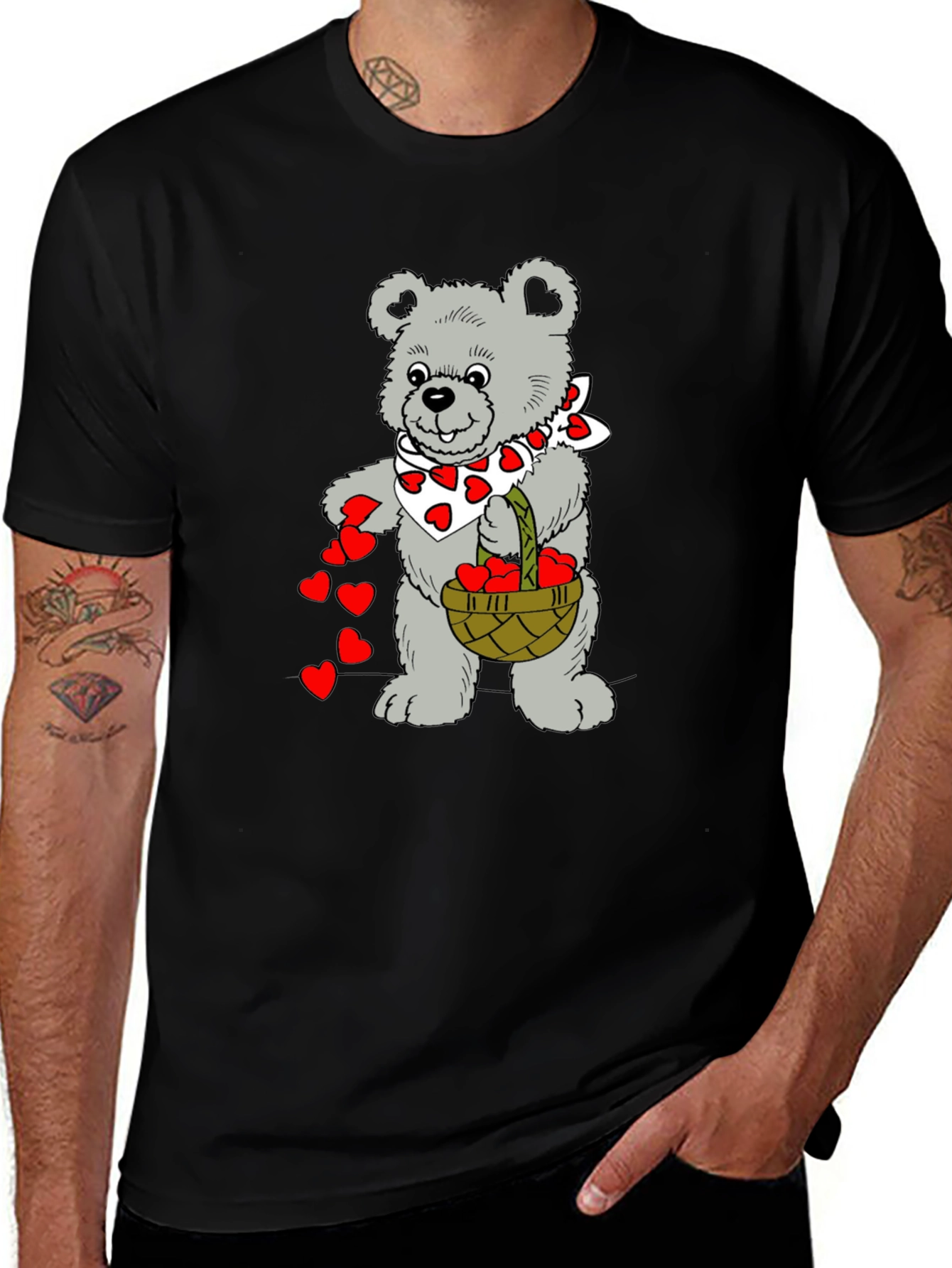 Teddy Bear Hearts Graphic T-Shirt - Black