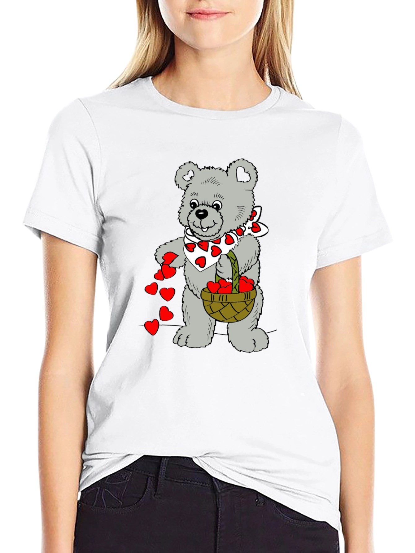 Teddy Bear Hearts Graphic T-Shirt - Black