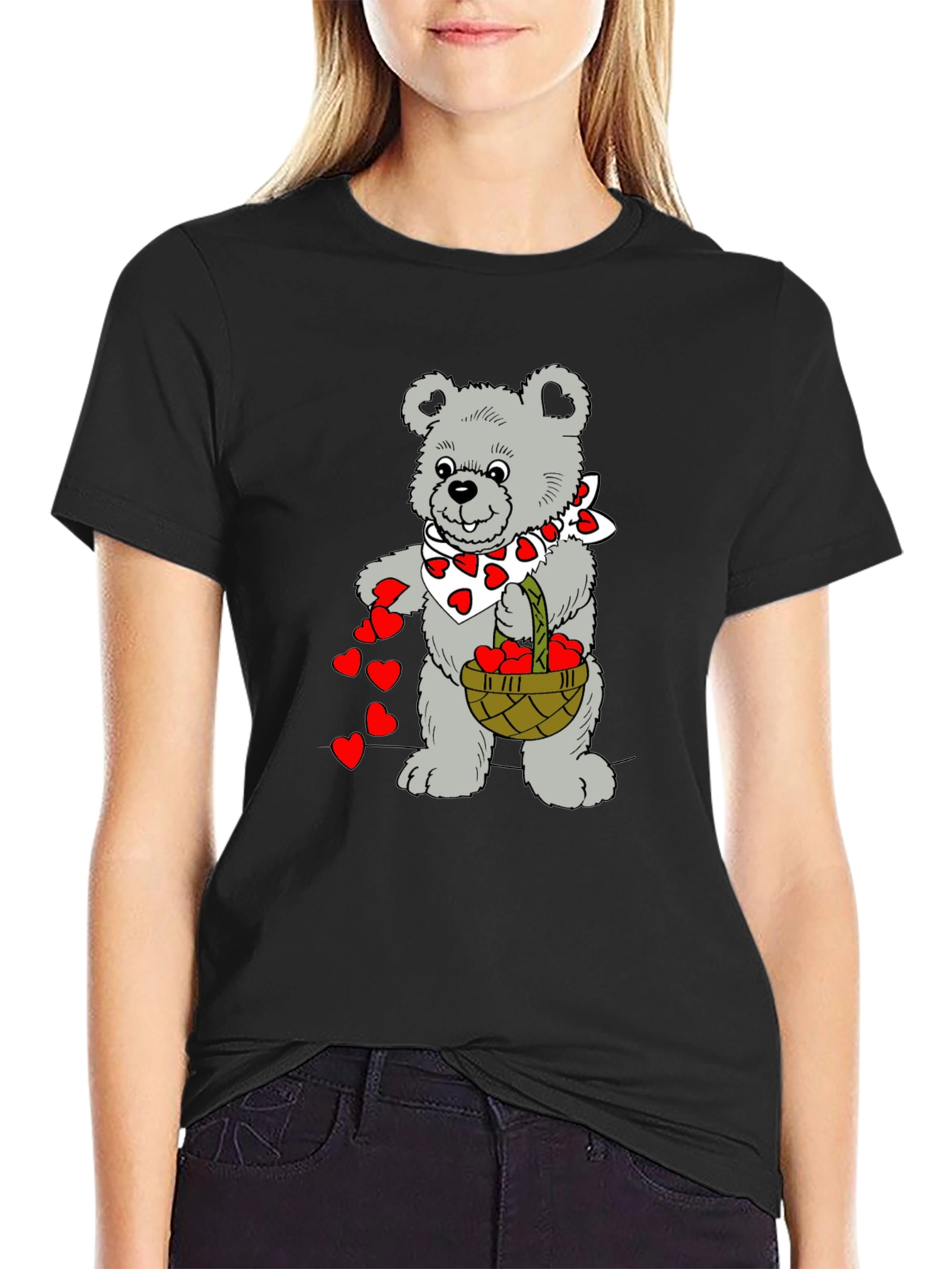 Teddy Bear Hearts Graphic T-Shirt - Black