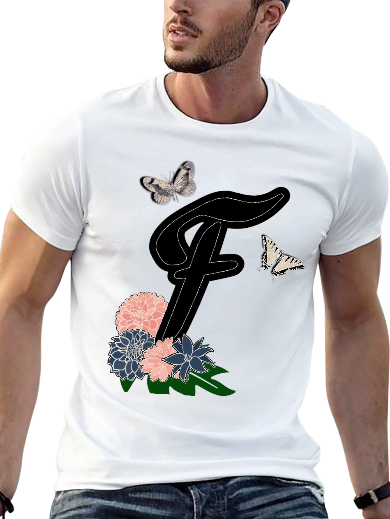 Floral Letter F T-Shirt Butterfly Tee