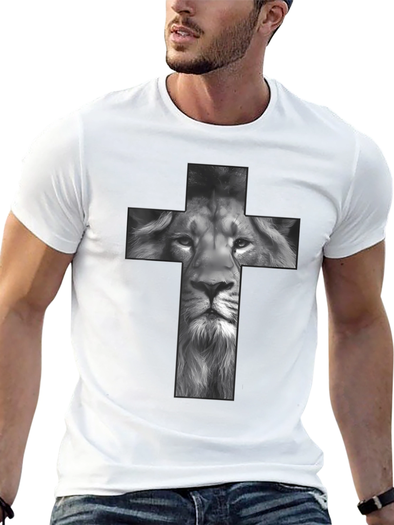 Lion Cross Graphic Tee - Black Religious T-Shirt