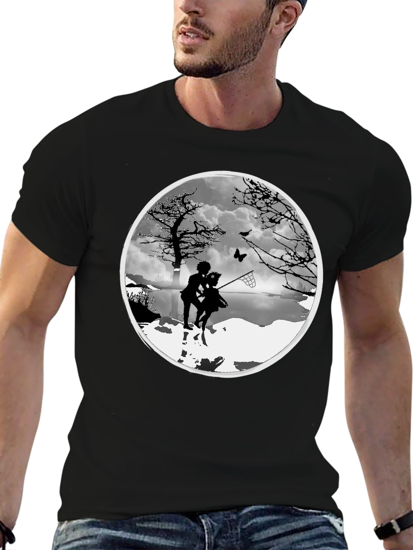 Silhouette Couple Catching Butterfly Black T-Shirt