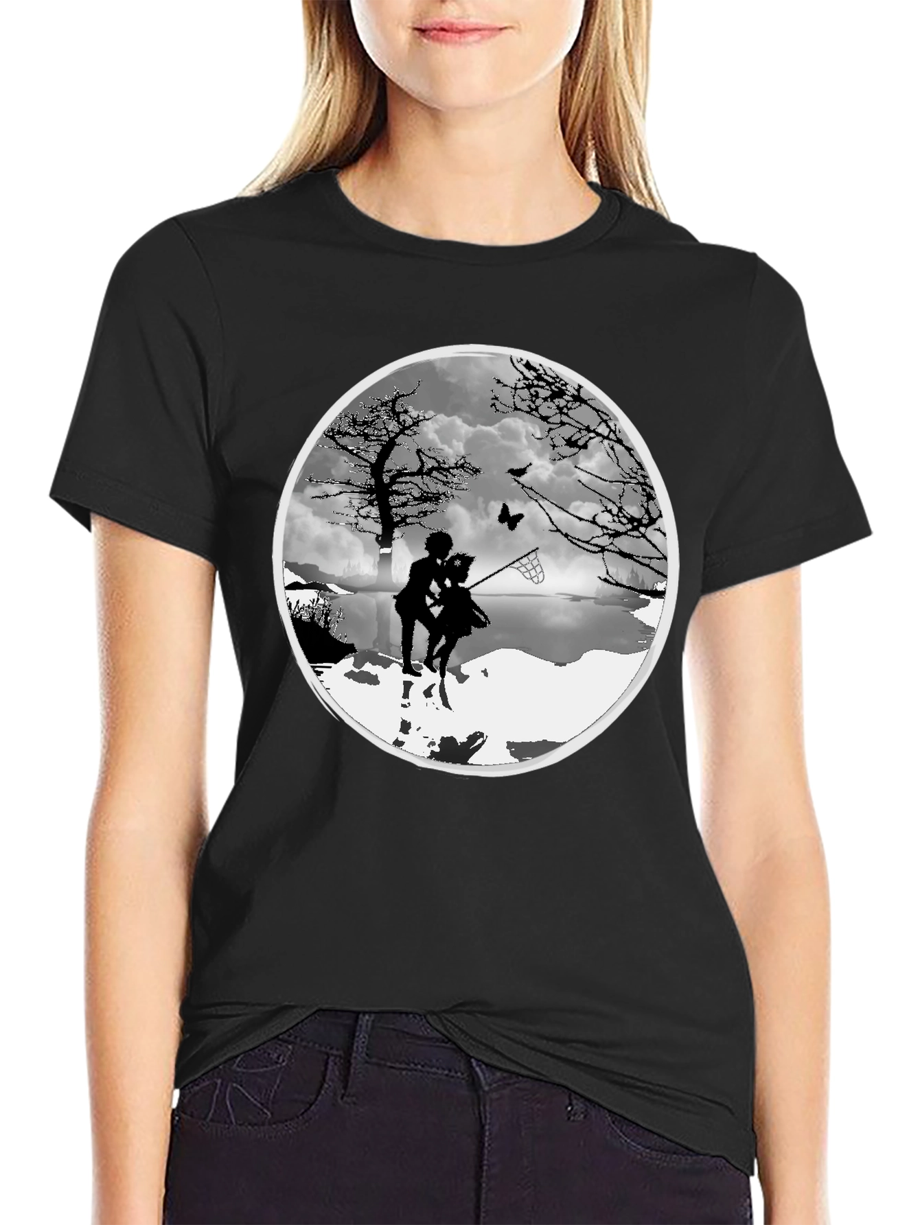 Silhouette Couple Catching Butterfly Black T-Shirt