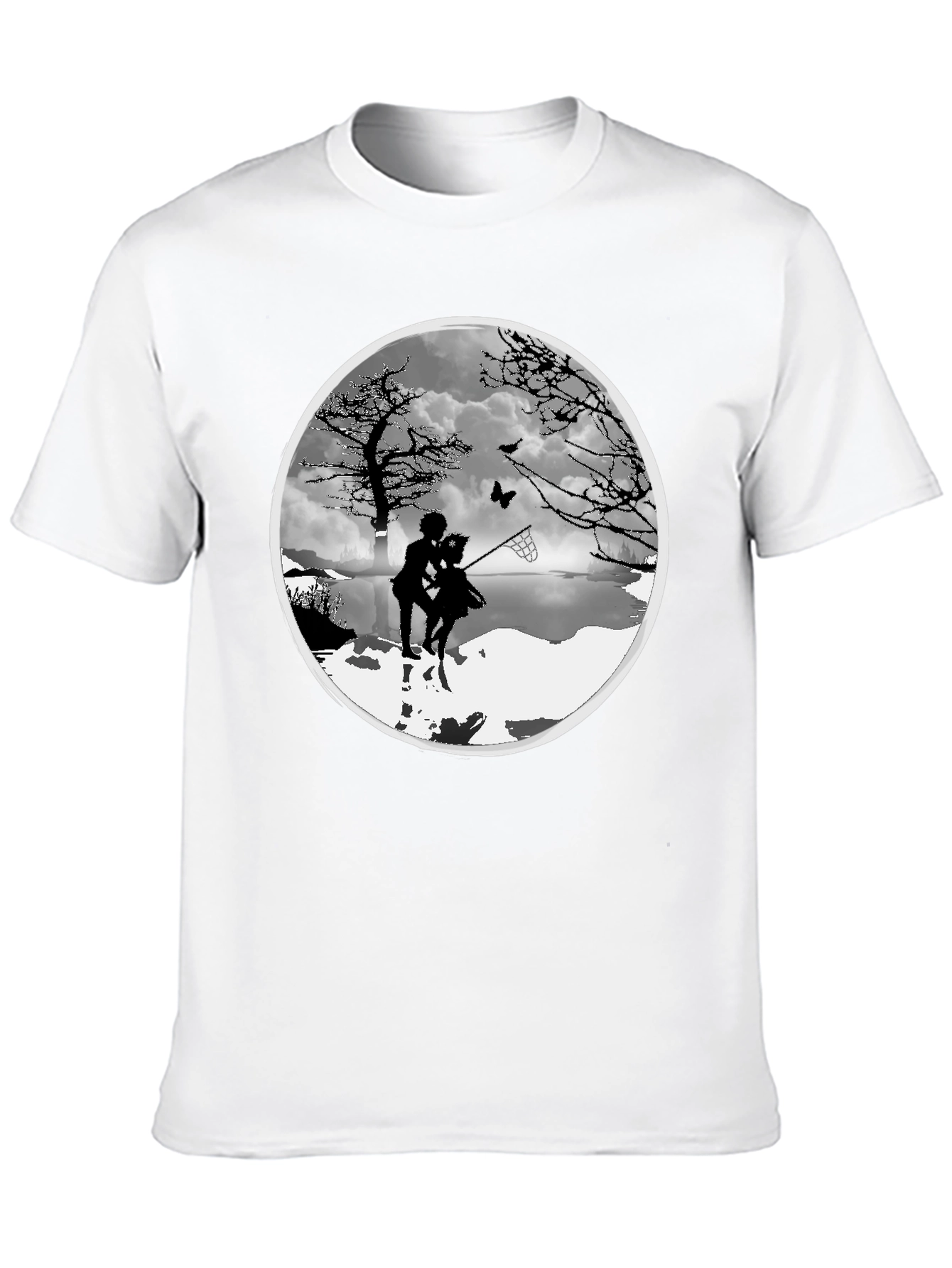 Silhouette Couple Catching Butterfly Black T-Shirt