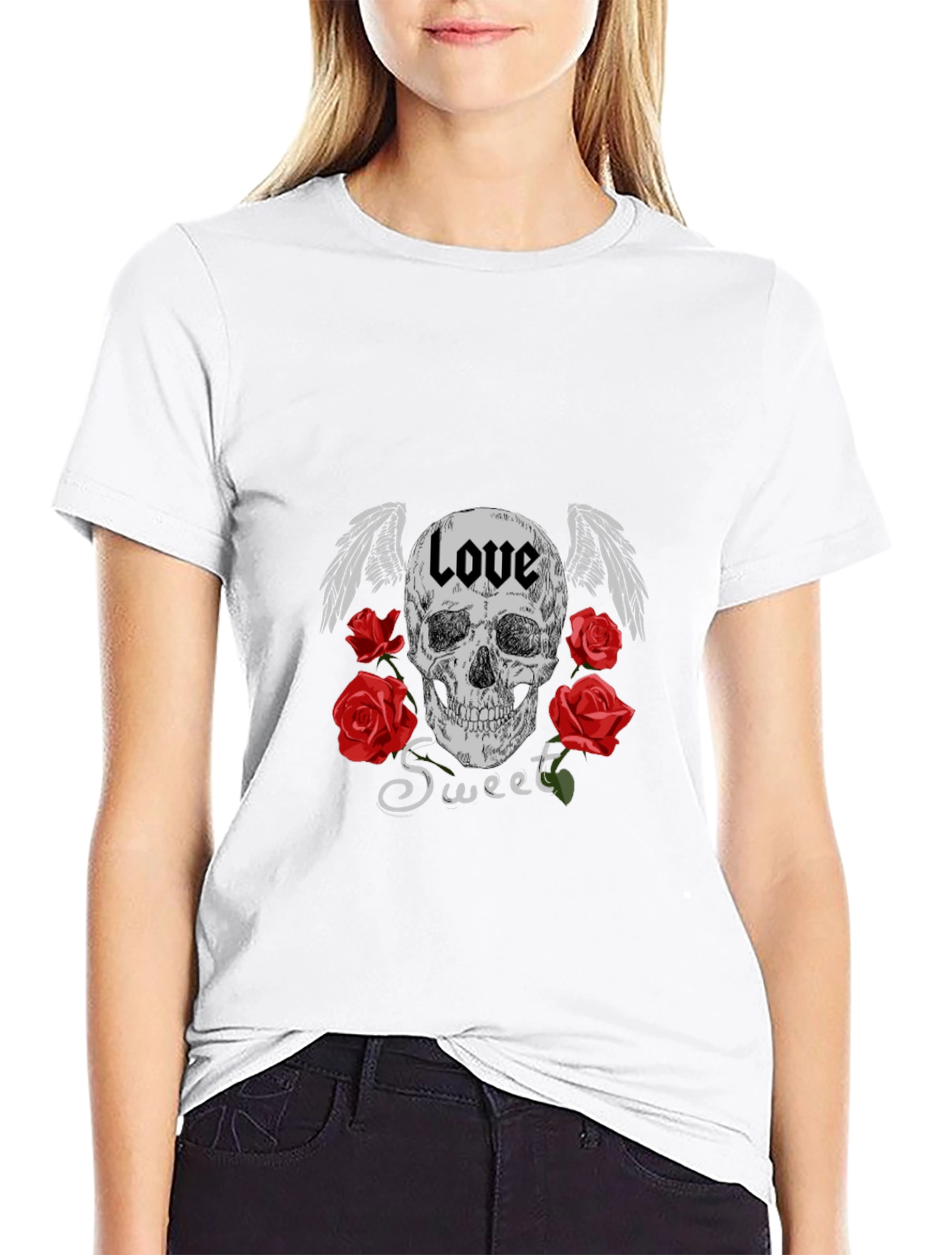 Love Sweet Skull Graphic Black T-Shirt
