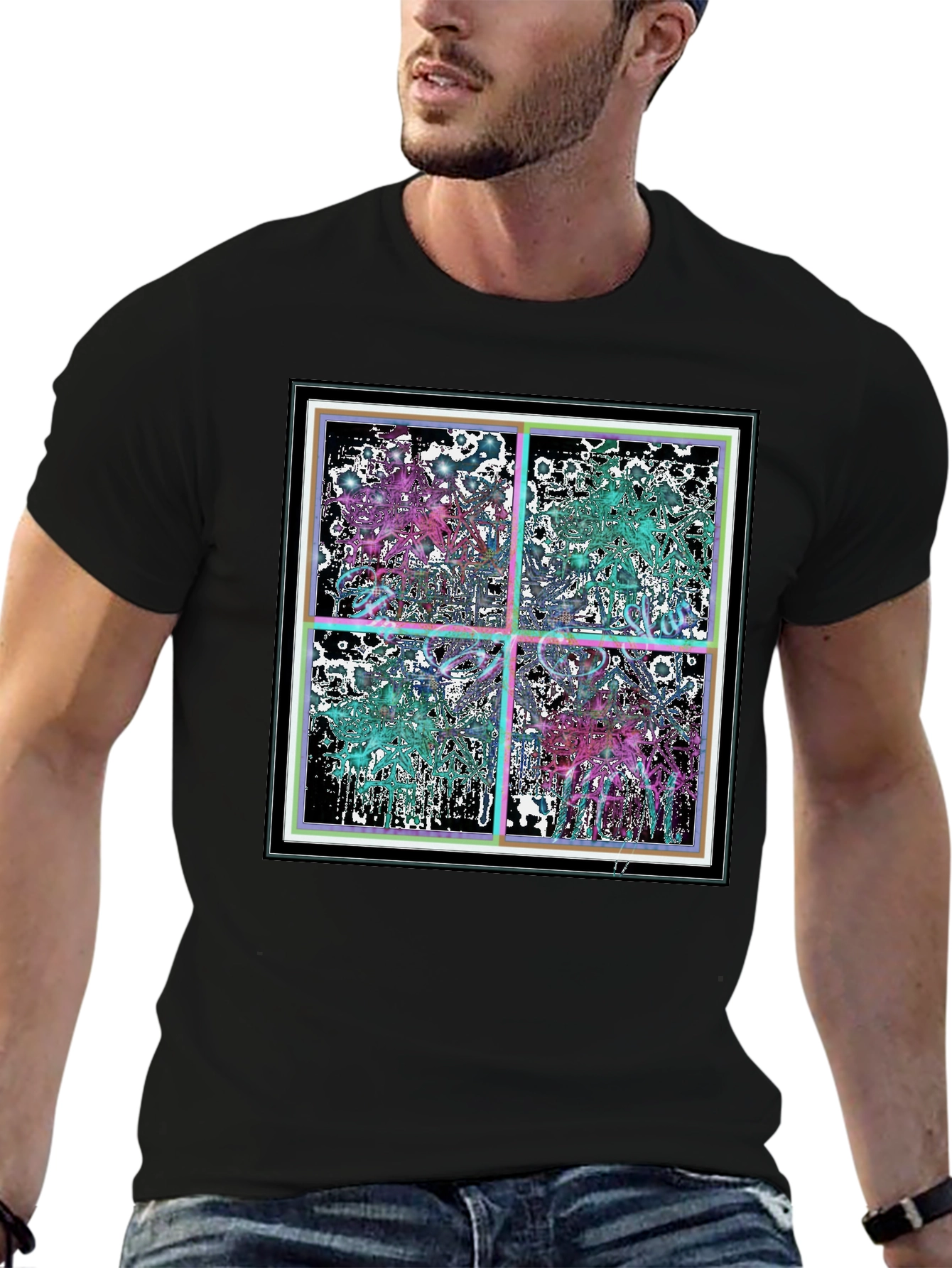 Abstract Grid Graphic Tee - Stylish Black Cotton T-Shirt