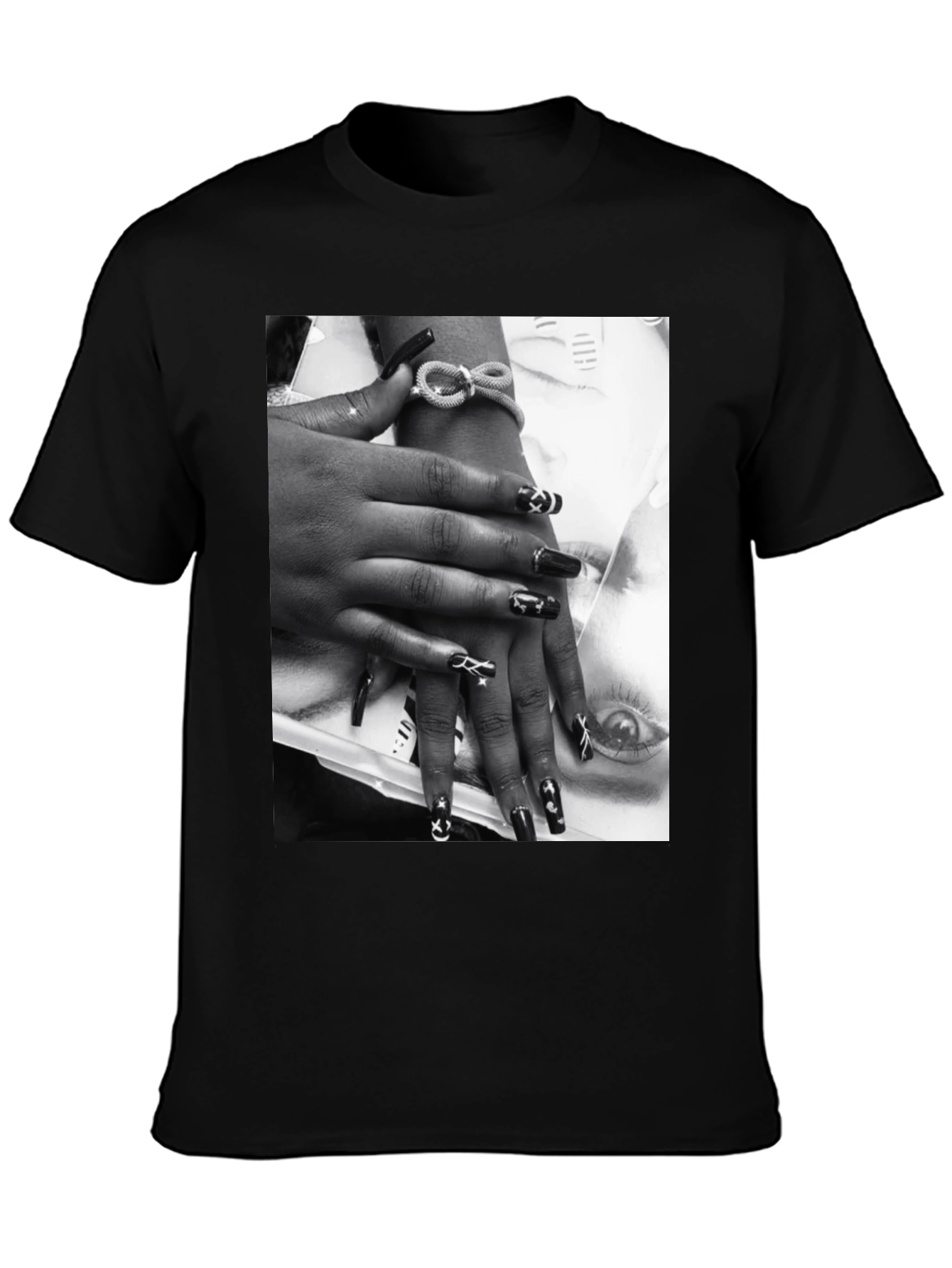 Trendy Black T-Shirt with Edgy Nail Art Print
