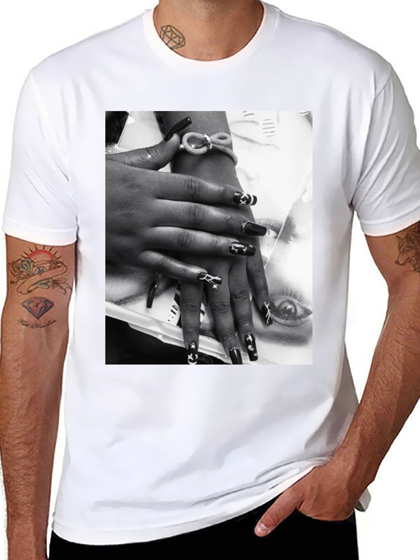 Trendy Black T-Shirt with Edgy Nail Art Print