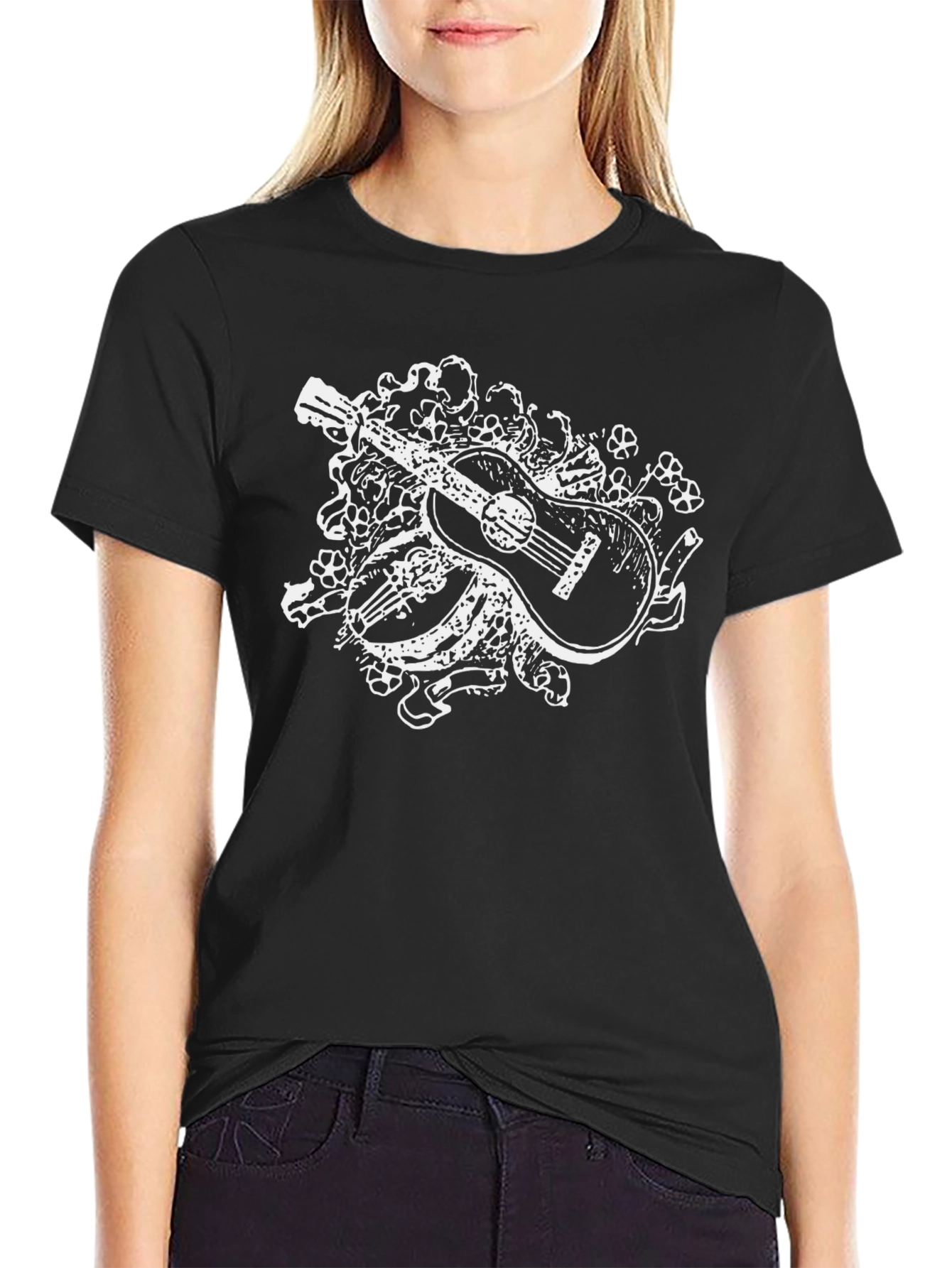 Guitar Floral Graphic Tee - Black Casual Shirt