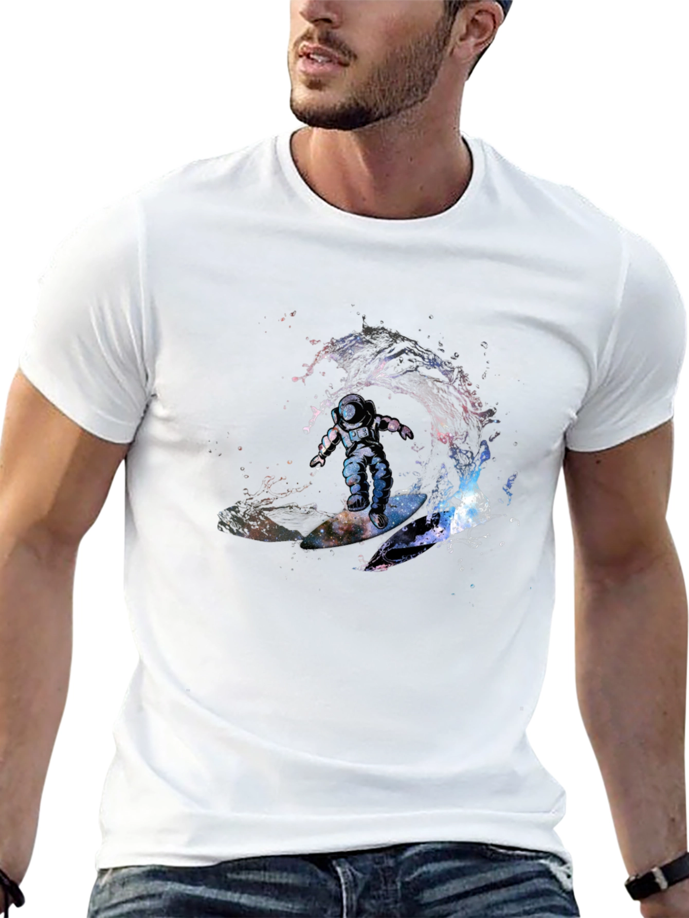 Astronaut Surfing Wave T-Shirt - Outer Space Design