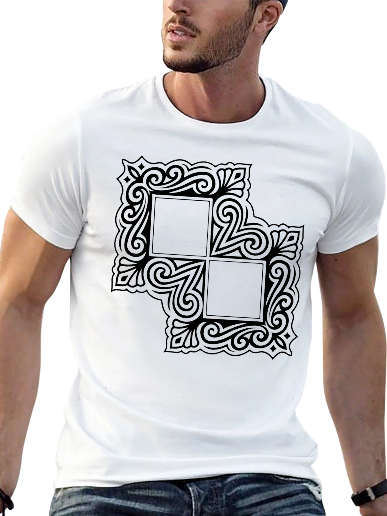 Black Graphic Tee with Ornate Square Design