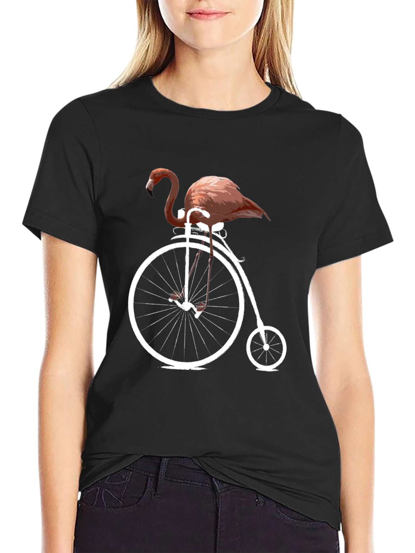 Flamingo on Bike Graphic Tee - Black Cotton T-Shirt