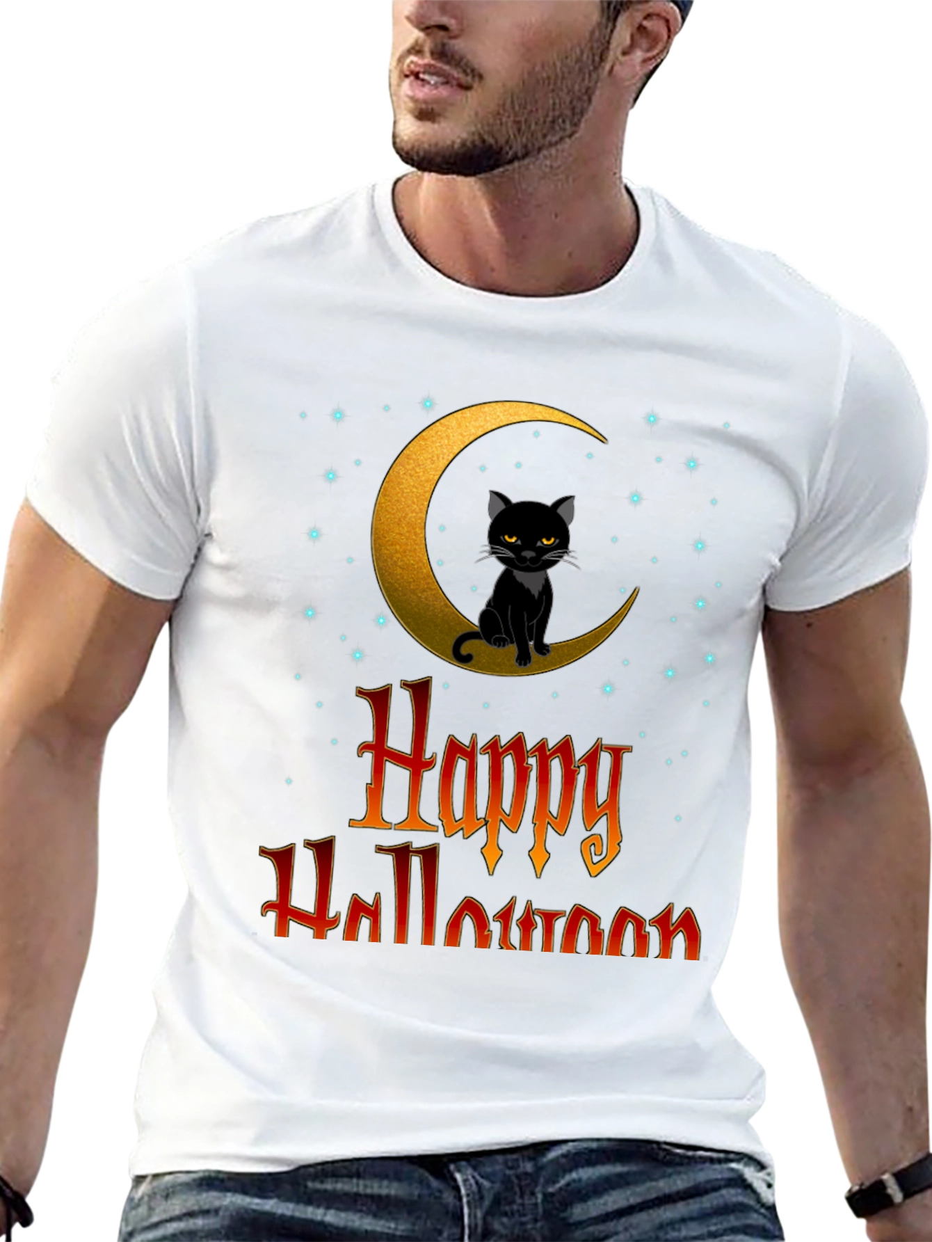 Happy Halloween Cat on Moon T-Shirt