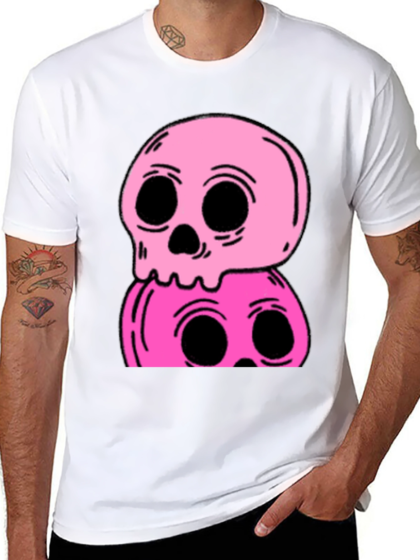 Stacked Skull Tee - Edgy Pink Graphic Print