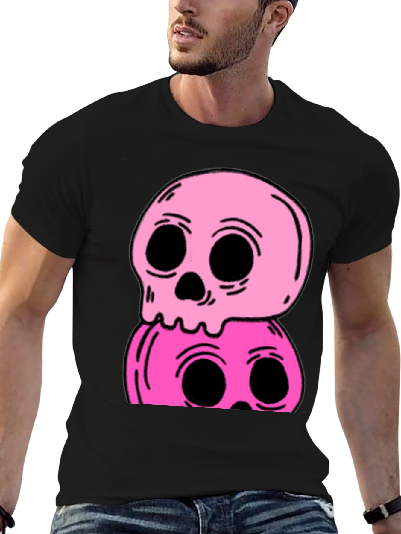 Stacked Skull Tee - Edgy Pink Graphic Print