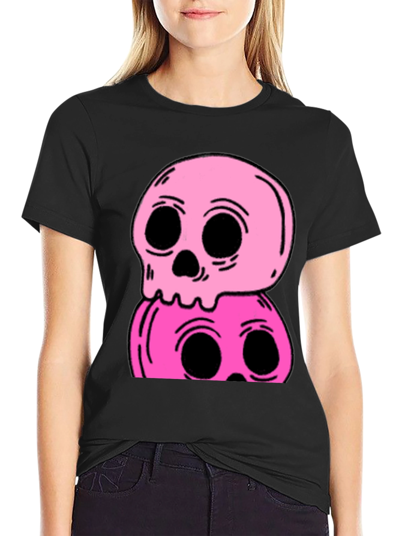 Stacked Skull Tee - Edgy Pink Graphic Print