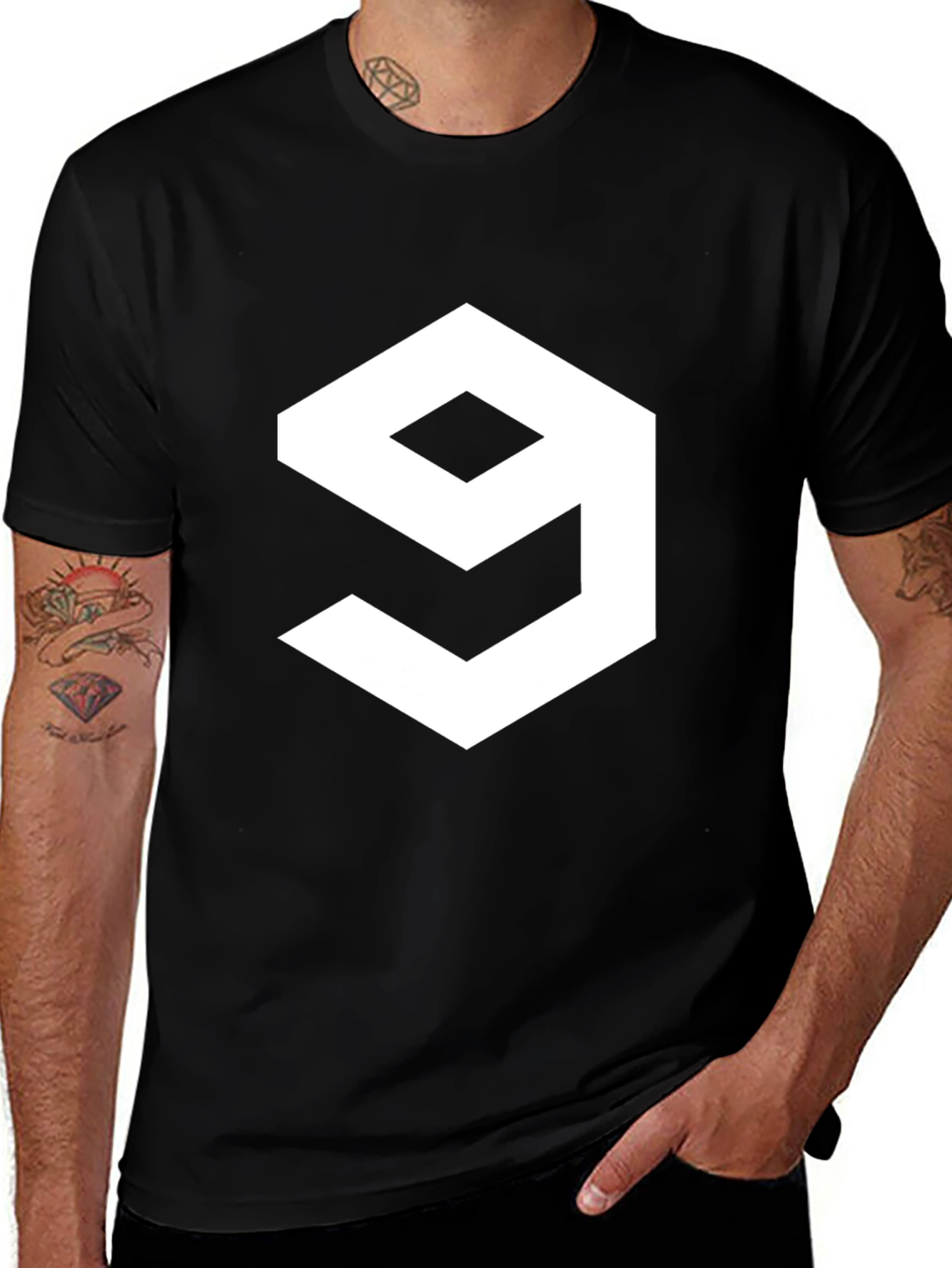 Geometric Number 9 Graphic Tee - Casual Black T-Shirt