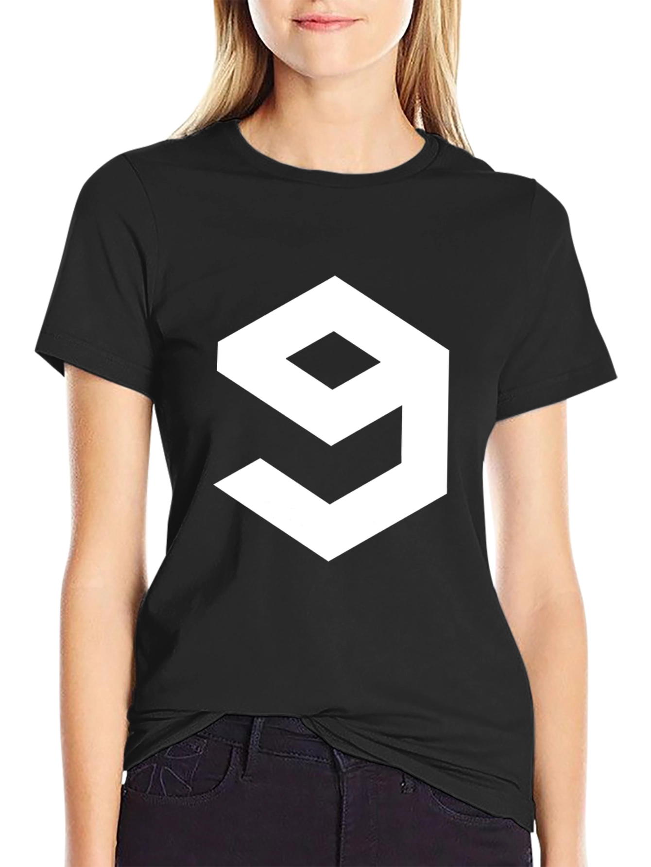 Geometric Number 9 Graphic Tee - Casual Black T-Shirt