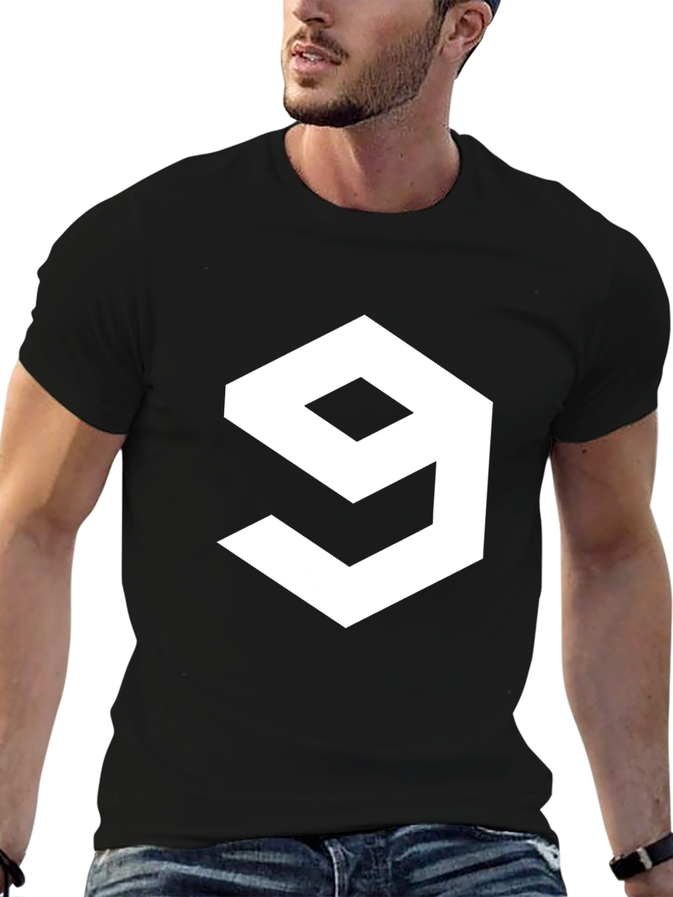 Geometric Number 9 Graphic Tee - Casual Black T-Shirt