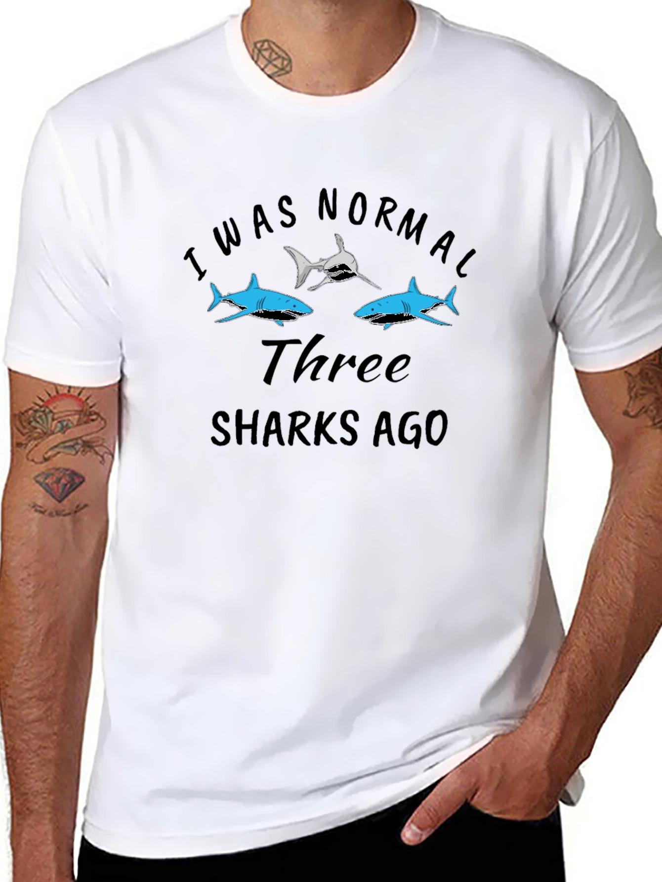 I Was Normal Three Sharks Ago Black Tee