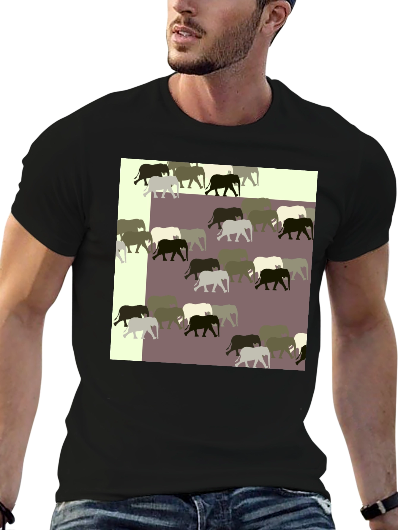 Elephant Pattern Black T-Shirt