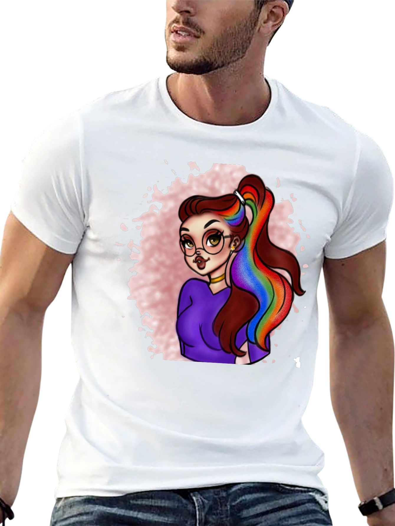 Rainbow Hair Cartoon Graphic T-Shirt
