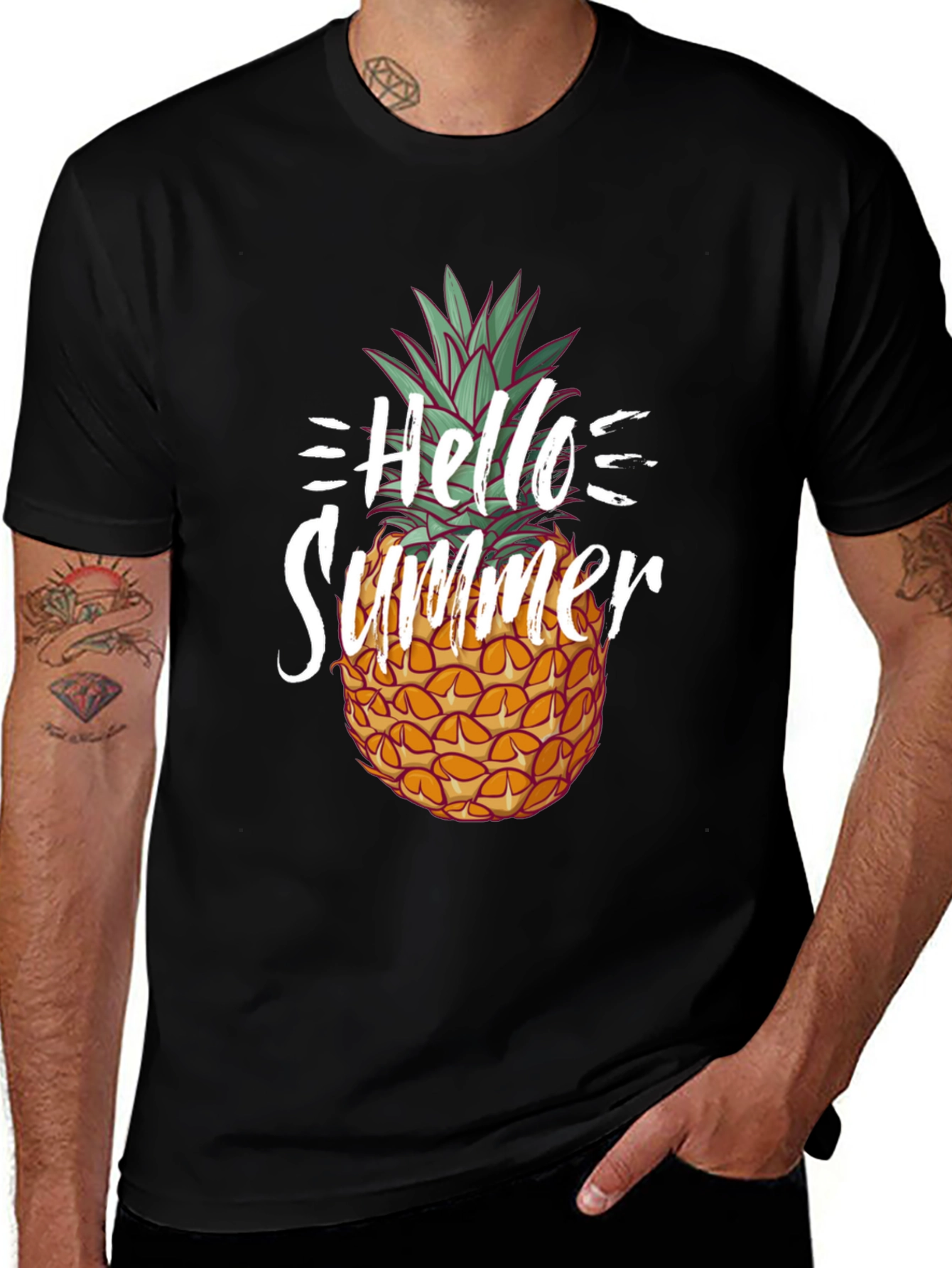Hello Summer Pineapple Graphic Tee - Black Cotton Shirt