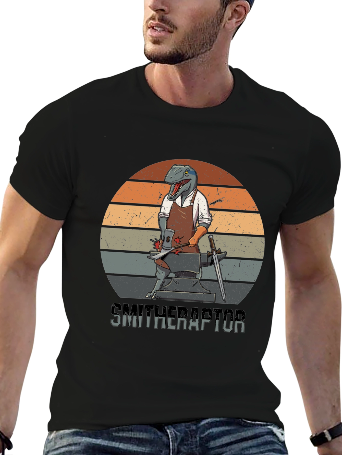 Smitheraptor T-Shirt: Dinosaur Blacksmith Design