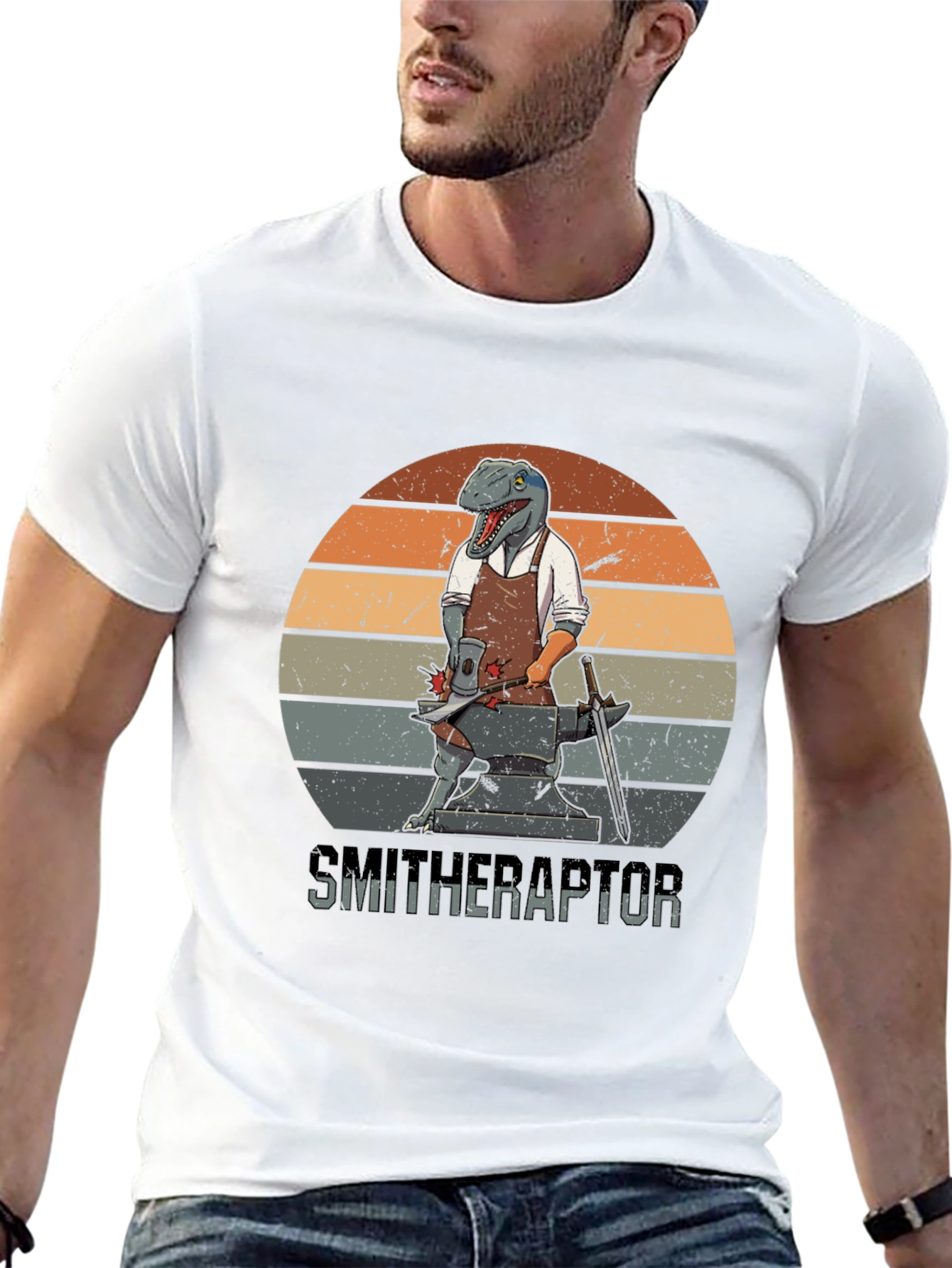 Smitheraptor T-Shirt: Dinosaur Blacksmith Design