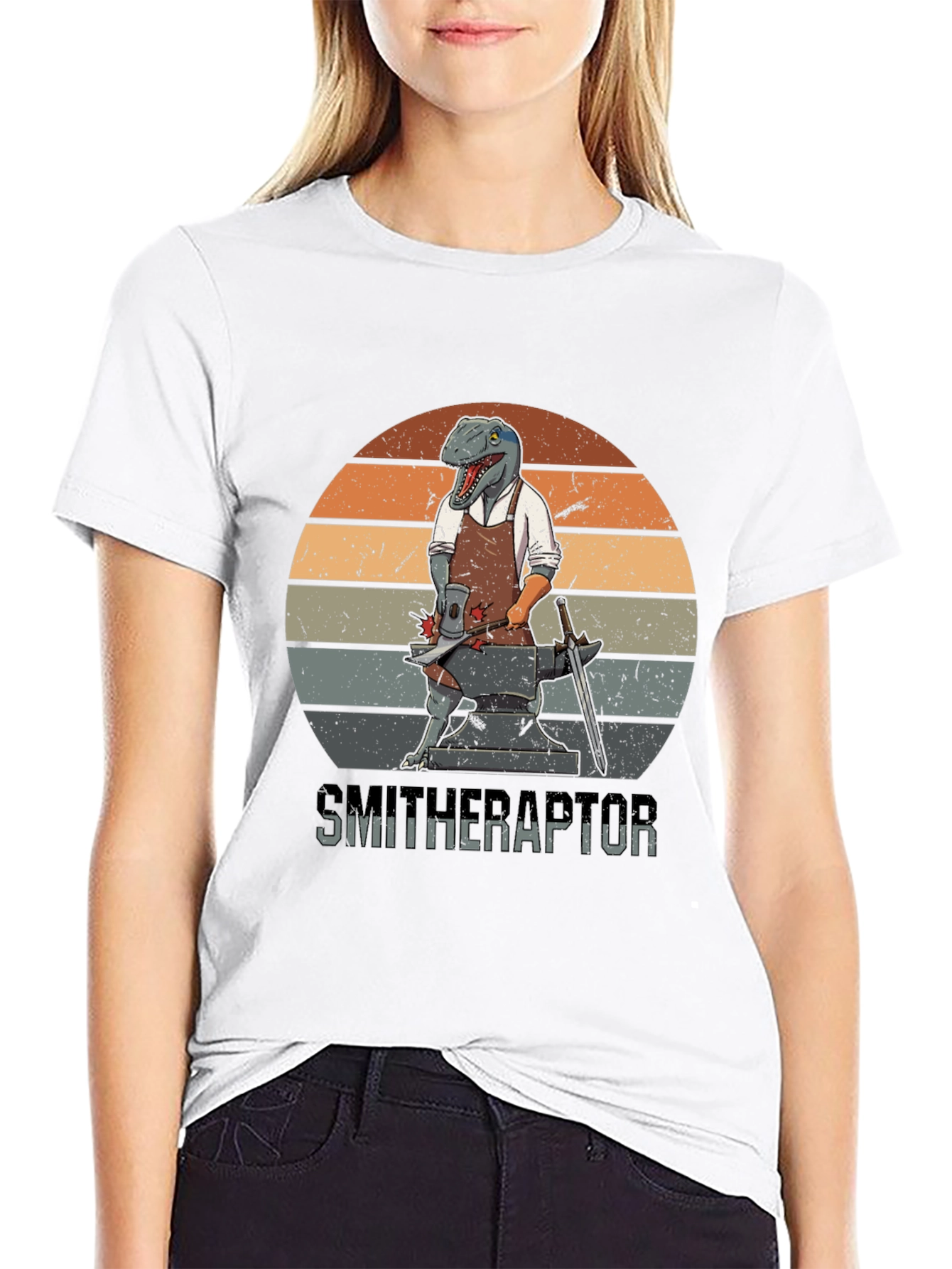 Smitheraptor T-Shirt: Dinosaur Blacksmith Design