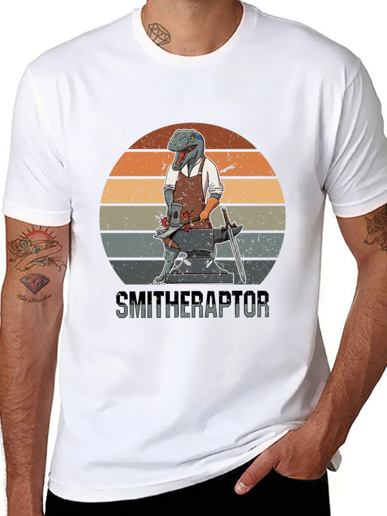 Smitheraptor T-Shirt: Dinosaur Blacksmith Design