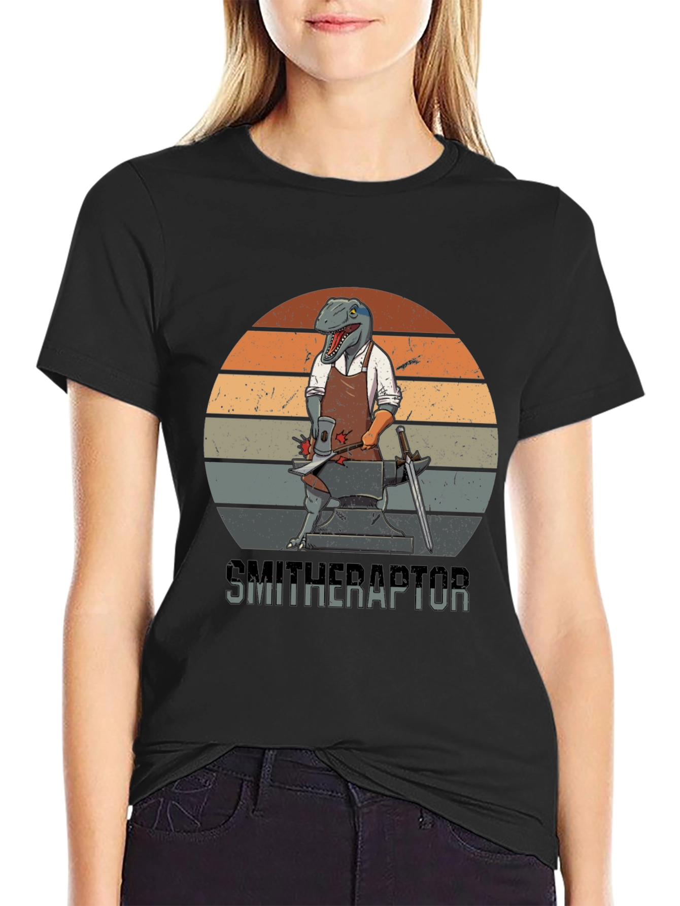 Smitheraptor T-Shirt: Dinosaur Blacksmith Design