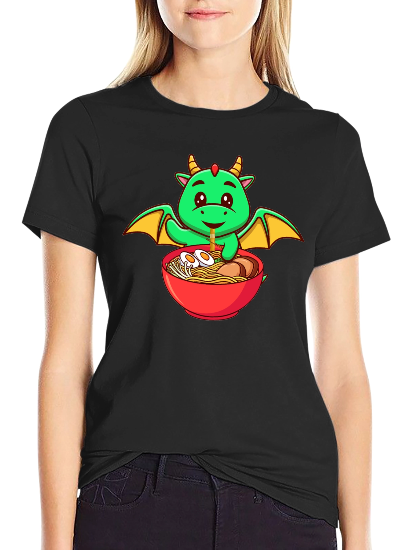 Cute Dragon Ramen Lover Black T-Shirt