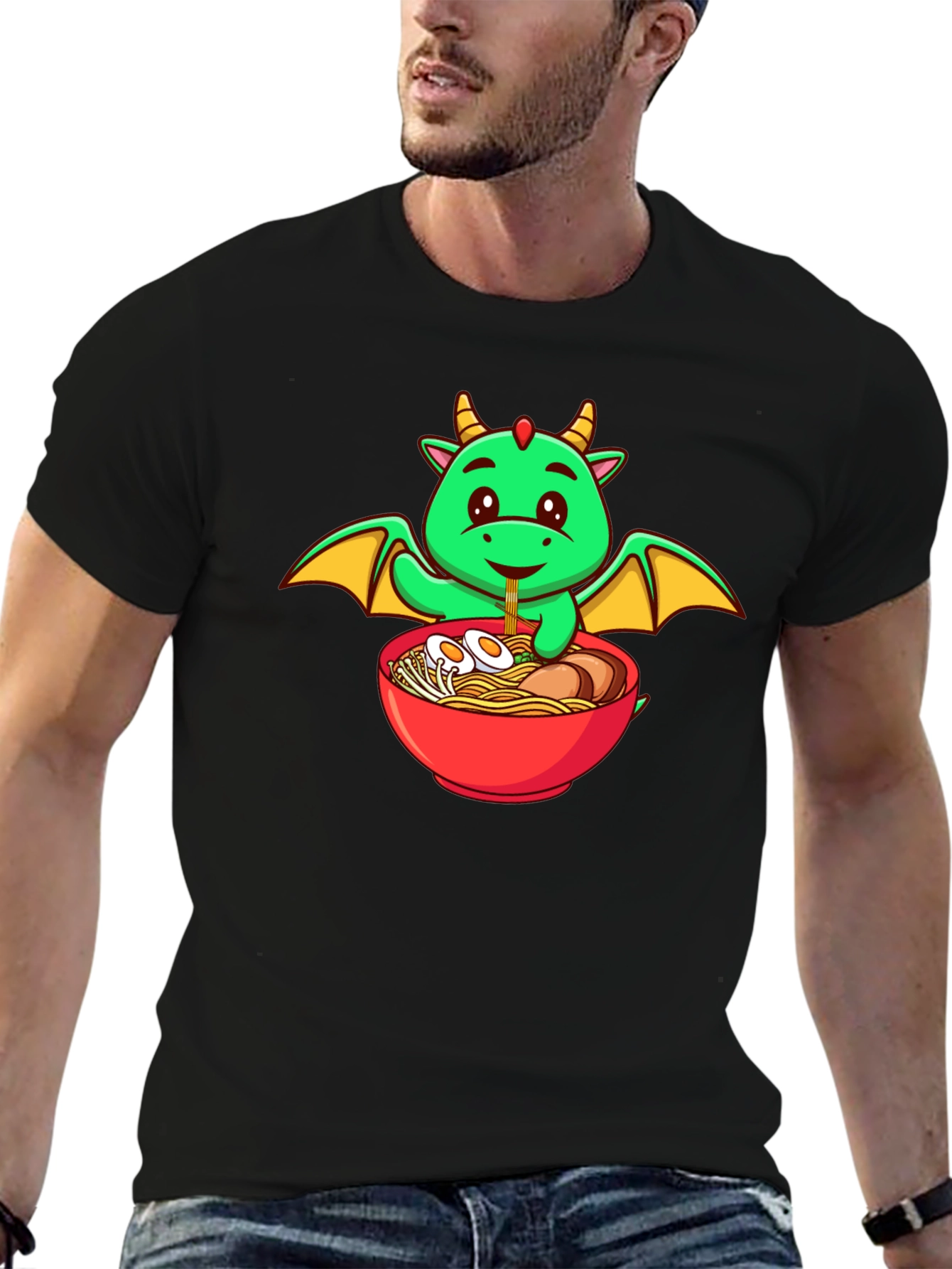 Cute Dragon Ramen Lover Black T-Shirt