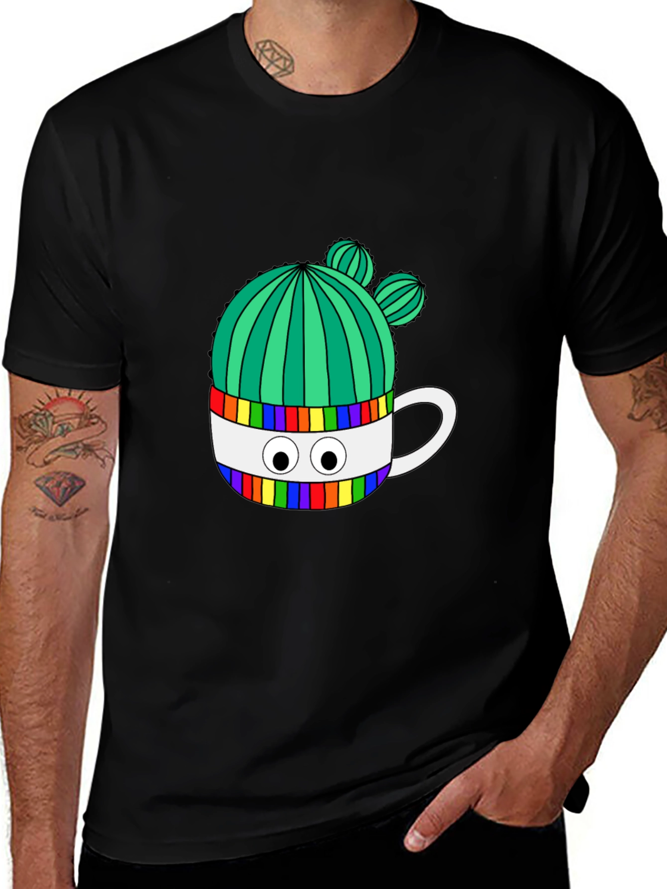 Cactus in Mug Graphic Tee - Stylish Black T-Shirt