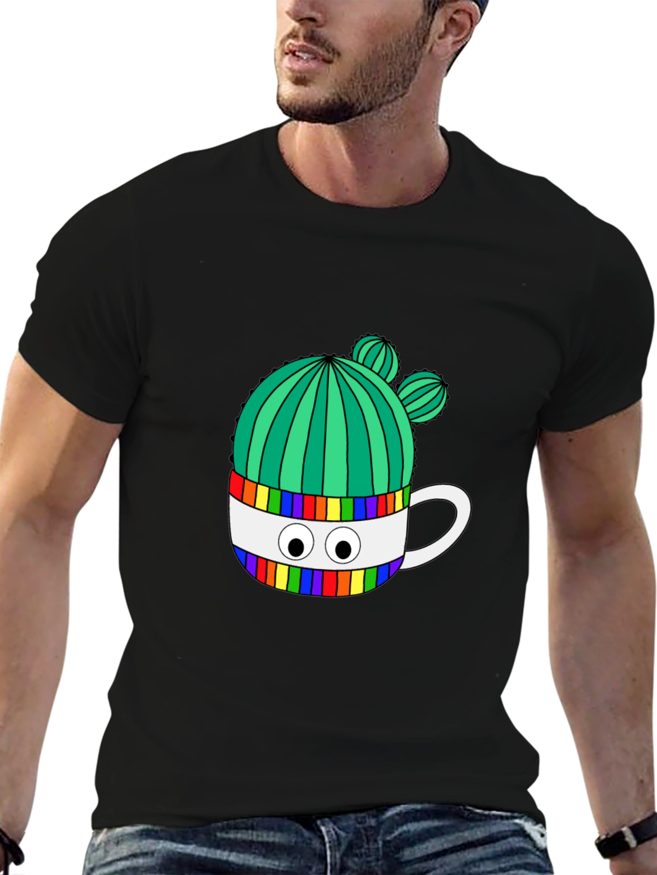 Cactus in Mug Graphic Tee - Stylish Black T-Shirt