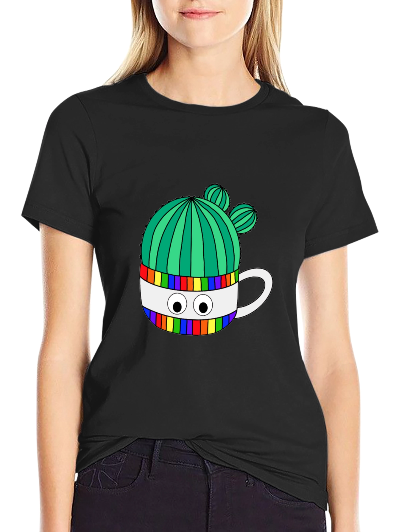 Cactus in Mug Graphic Tee - Stylish Black T-Shirt
