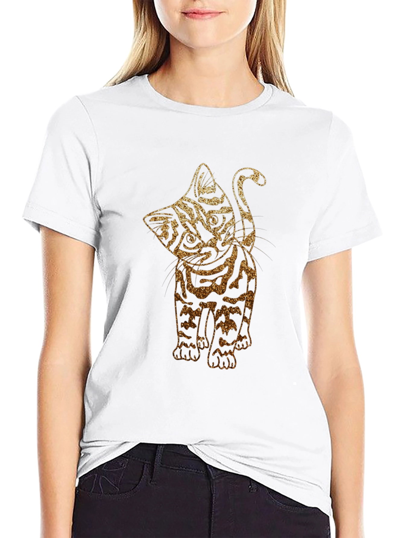 Glitter Cat Graphic Black T-Shirt