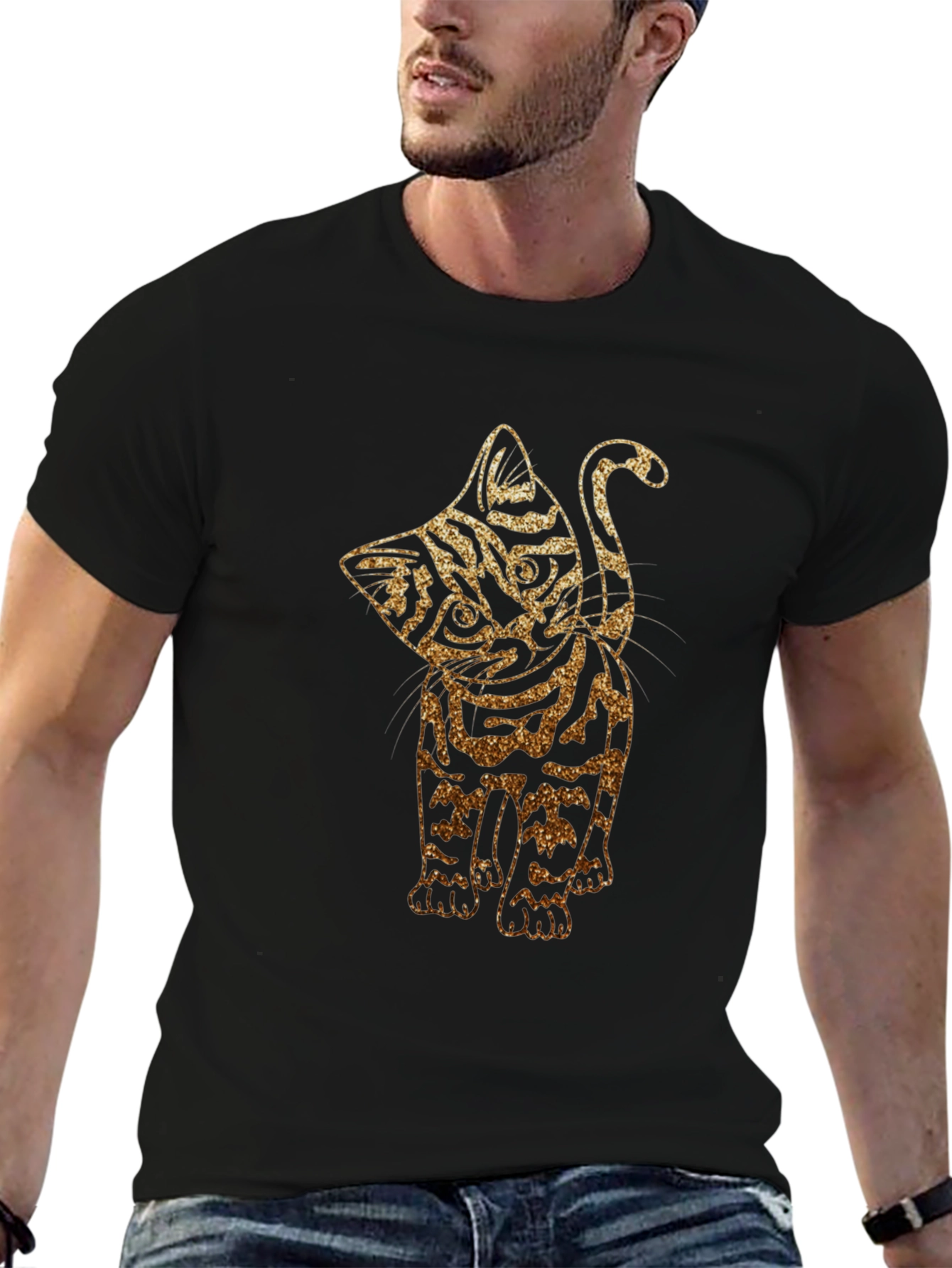 Glitter Cat Graphic Black T-Shirt