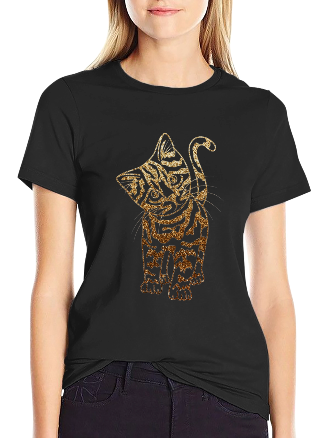 Glitter Cat Graphic Black T-Shirt