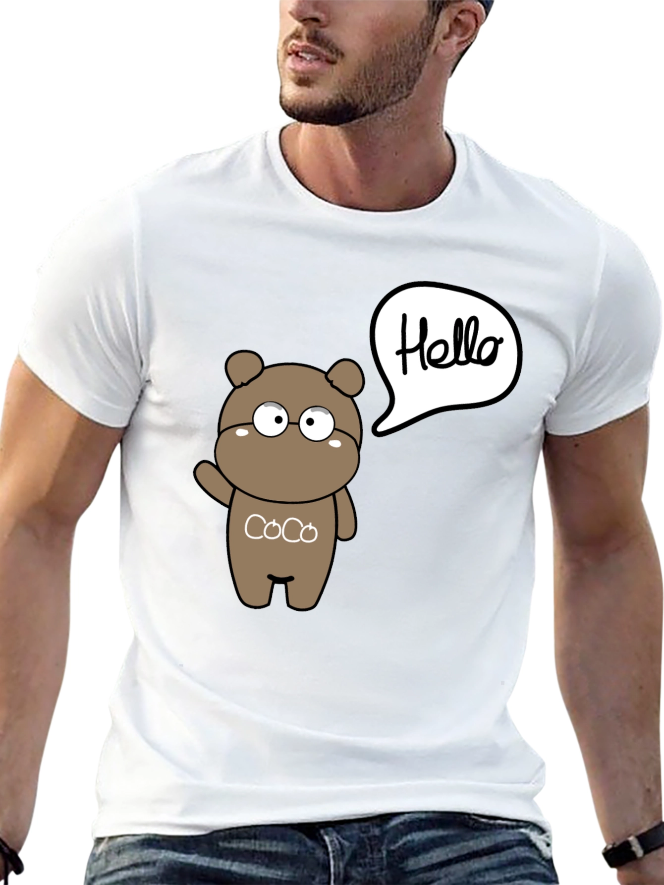 Cute Cartoon Bear Hello Graphic Black T-Shirt