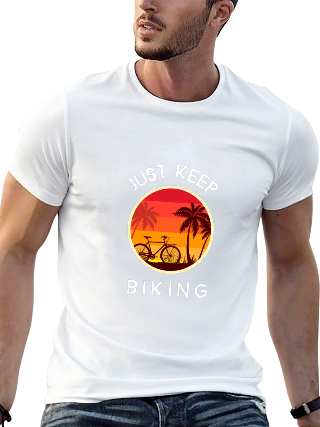 Just Keep Biking Graphic Tee - Tropical Sunset Design