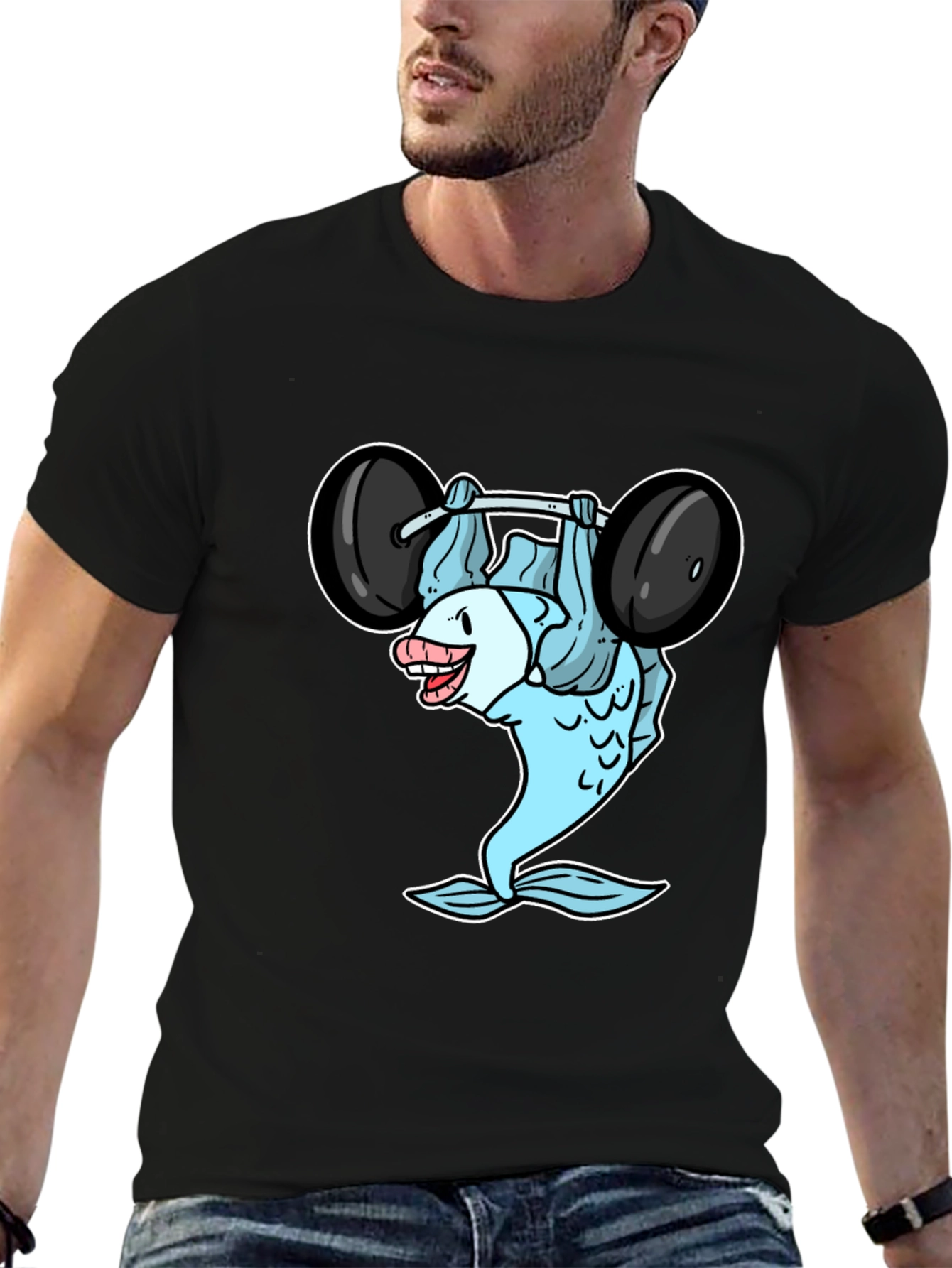 Funny Fish Lifting Barbell Graphic T-Shirt