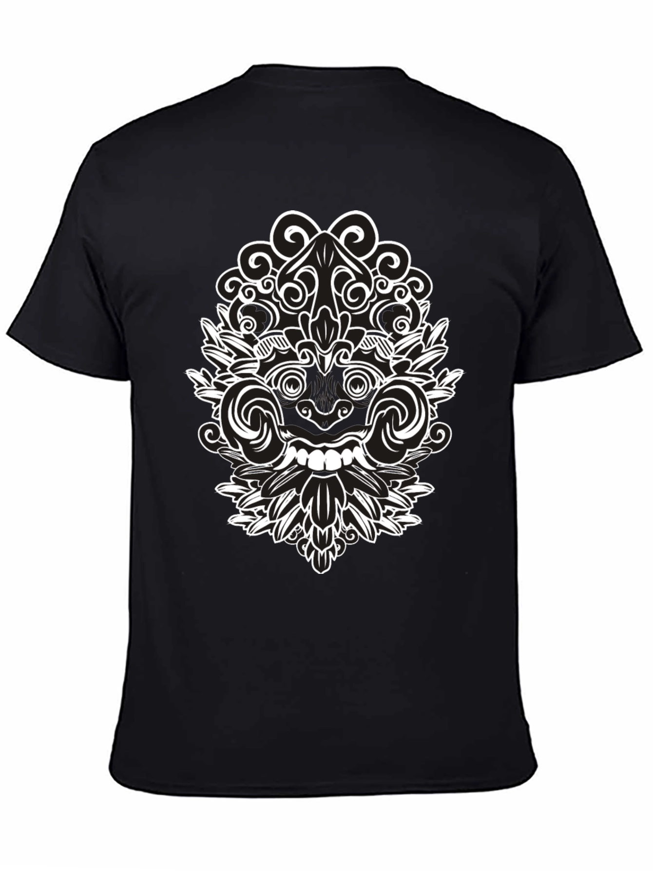 Black Tee with Intricate White Balinese Mask Design