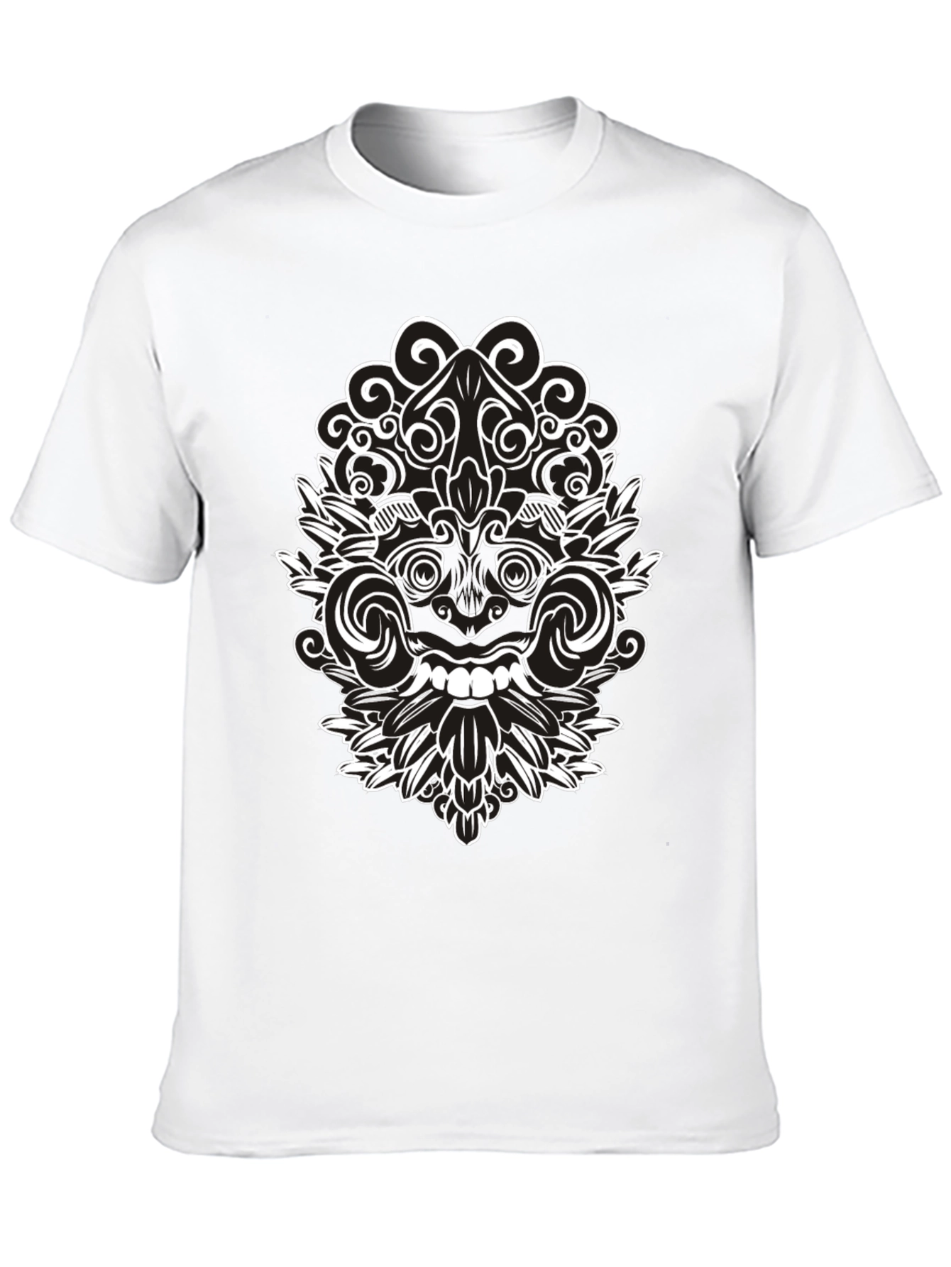 Black Tee with Intricate White Balinese Mask Design