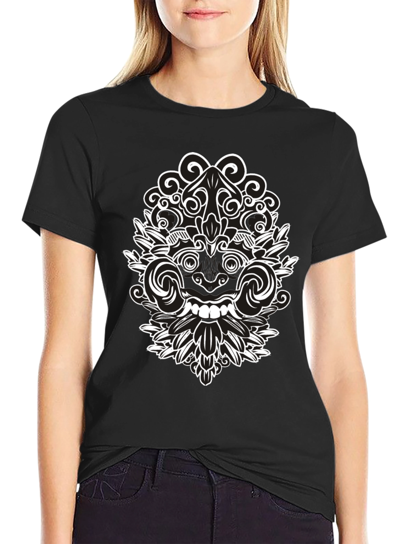 Black Tee with Intricate White Balinese Mask Design