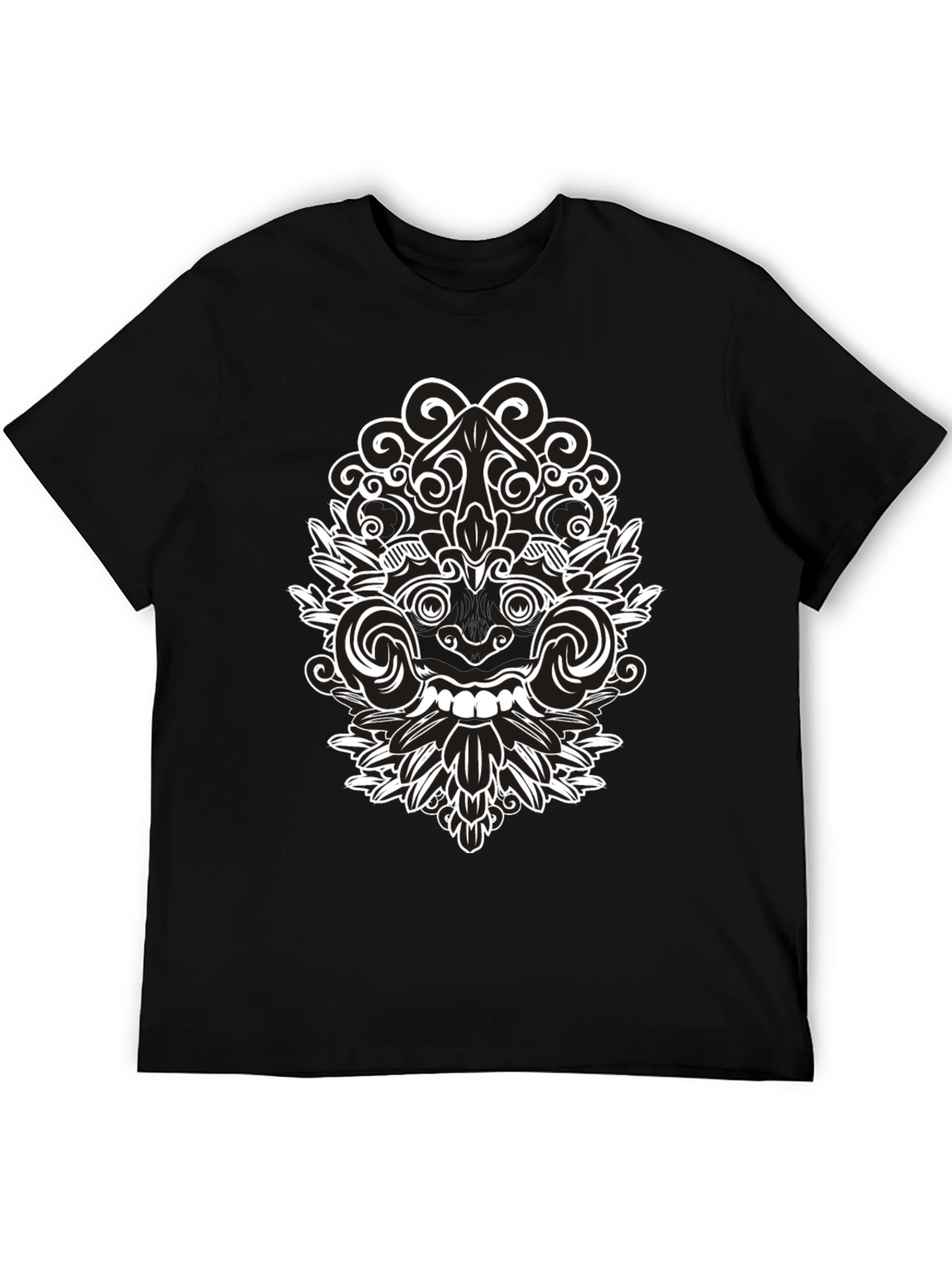 Black Tee with Intricate White Balinese Mask Design