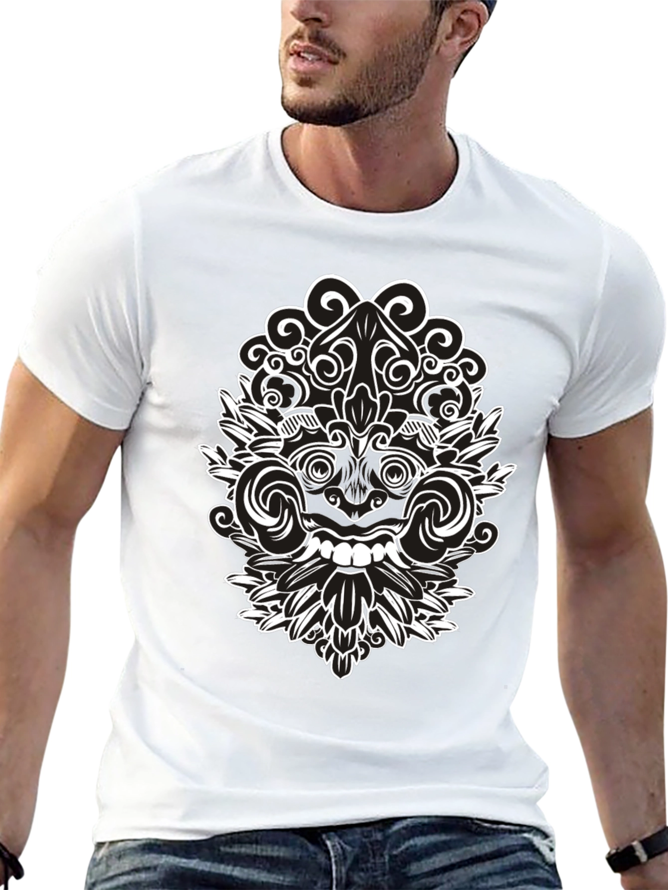 Black Tee with Intricate White Balinese Mask Design